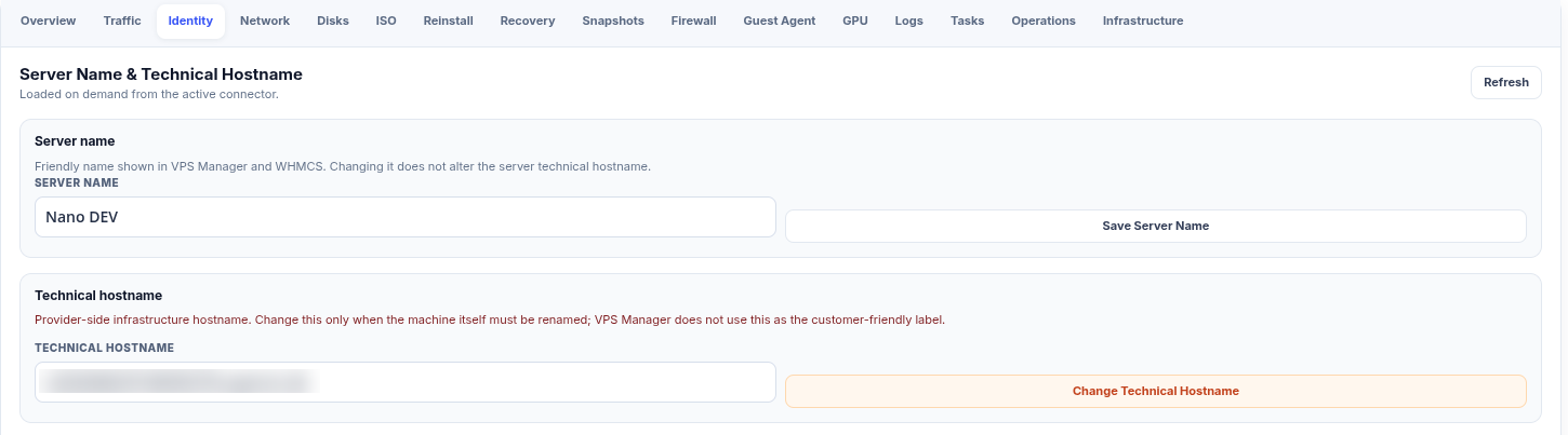 The Identity tab showing two separate fields: a friendly server name shown in VPS Manager and WHMCS, and the provider-side technical hostname, each with its own save action.