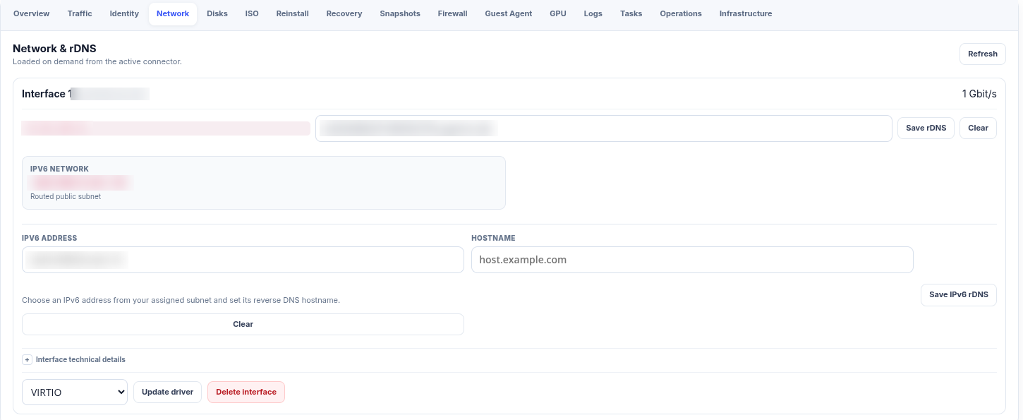 The Network and rDNS tab showing an interface with its IPv4 address and reverse DNS hostname field, the routed public IPv6 subnet assigned to it, and a form for setting reverse DNS on an individual IPv6 address.