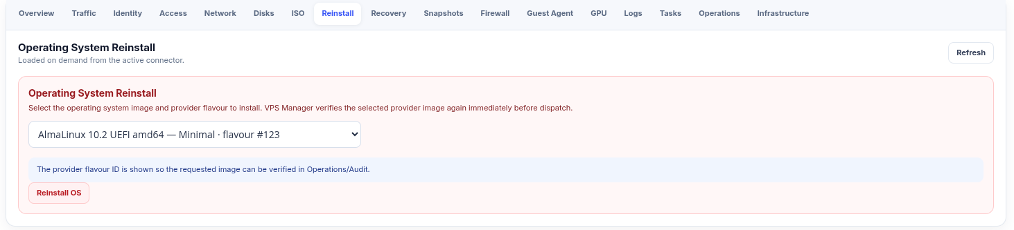 The Reinstall tab showing an operating system image selector listing AlmaLinux 10.2 UEFI amd64 Minimal with its provider flavor identifier, a note that the image is verified again before dispatch, and a Reinstall OS button.