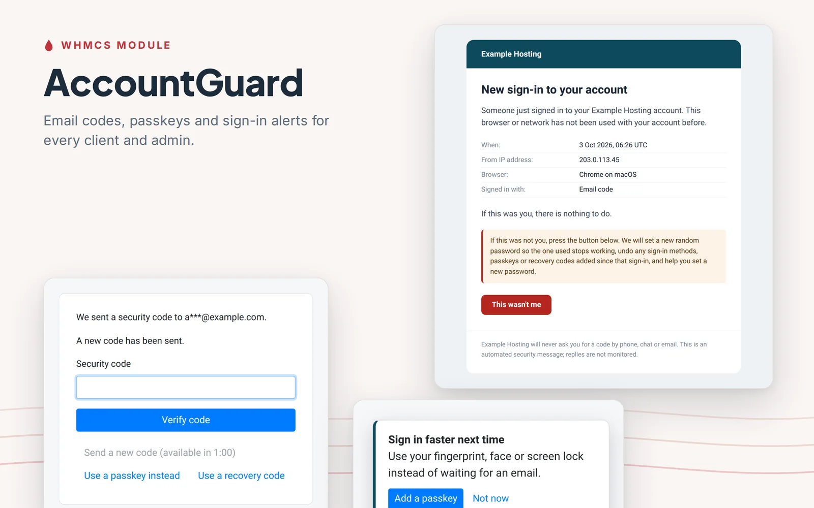 AccountGuard screens: a new sign-in alert email with a This wasn't me button, the code step after the password with a link to use a passkey instead, and the Sign in faster next time offer to add a passkey.