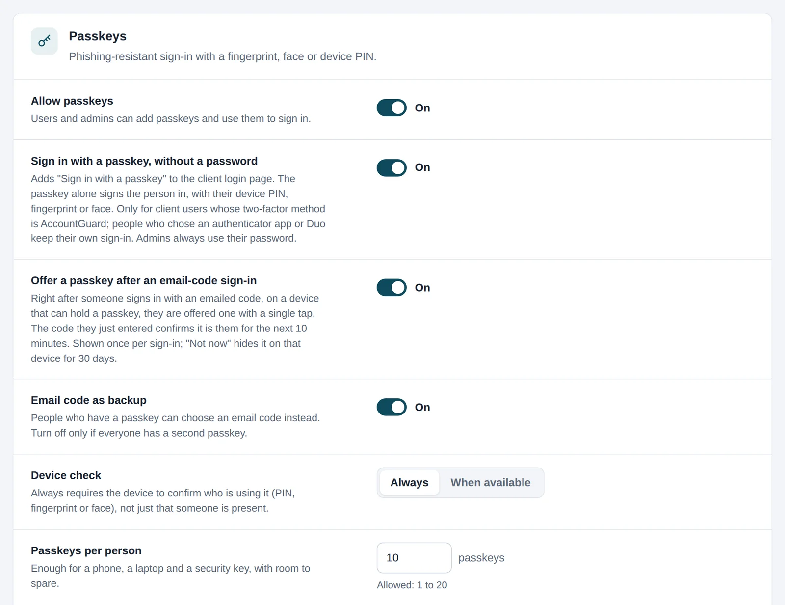 Passkey settings: allow passkeys, sign in without a password, offer a passkey after an email-code sign-in, email code as backup, device check and passkeys per person.