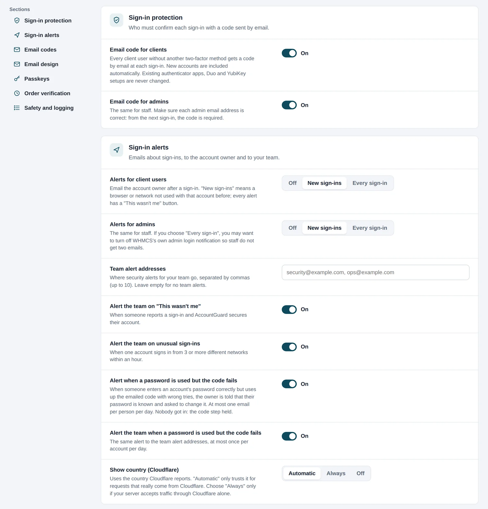 Settings: email codes for clients and admins switched on, and the sign-in alert options for clients, admins and the team.