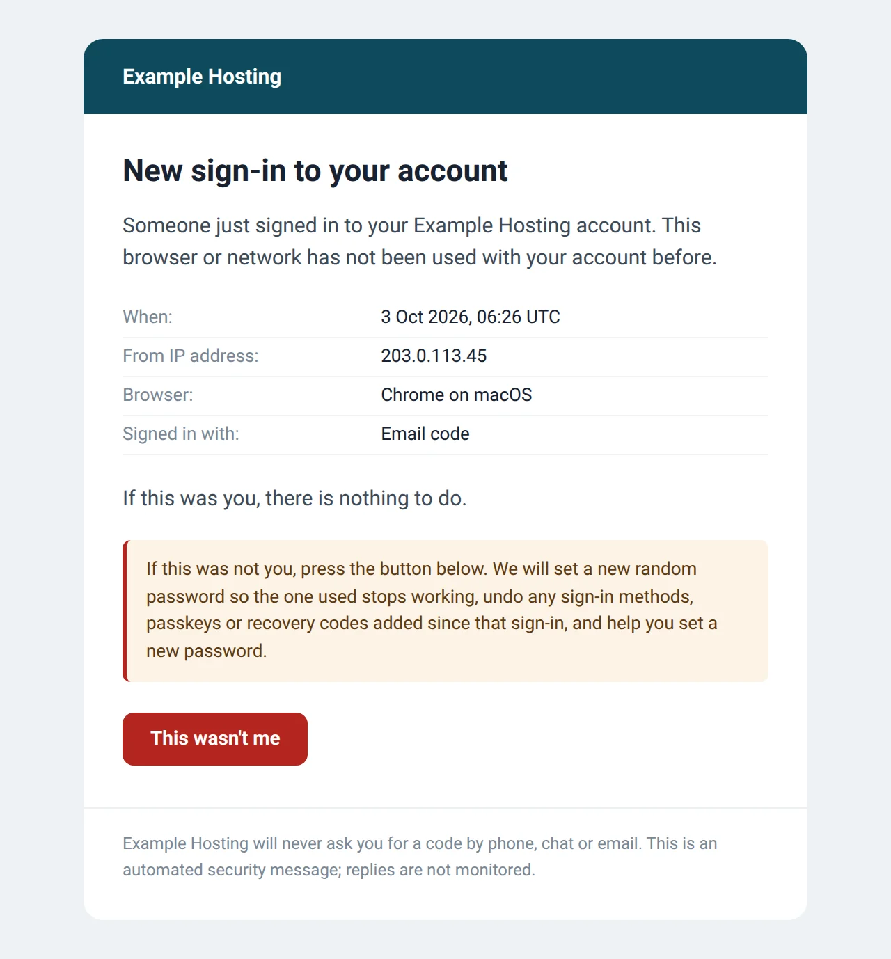 The New sign-in to your account email from a fictional Example Hosting, listing when, the IP address, the browser and the sign-in method, with a red This wasn't me button.
