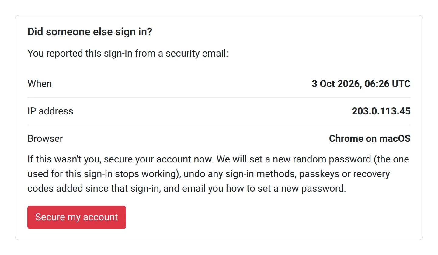 The Did someone else sign in page with the time, IP address and browser of the reported sign-in and a Secure my account button.
