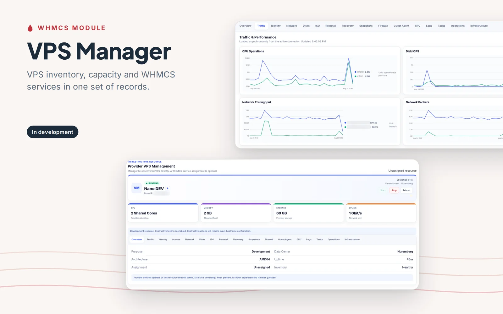 VPS Manager screens from a development build: traffic and performance graphs for a server, and the server overview with its CPU, memory, storage and uplink, labeled in development.